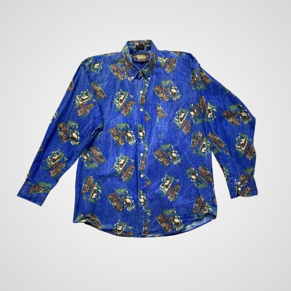 Chaps Ralph Lauren Button Down Mens L Blue Vintage Woody Wagon Mountain Print